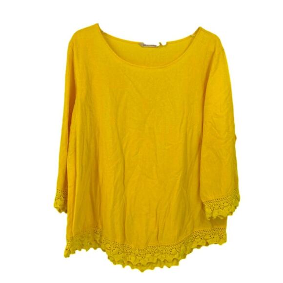 Soft Surroundings Blouse Size 1X Yellow Textured Weave Cotton Crochet Trim Top - Picture 1 of 10